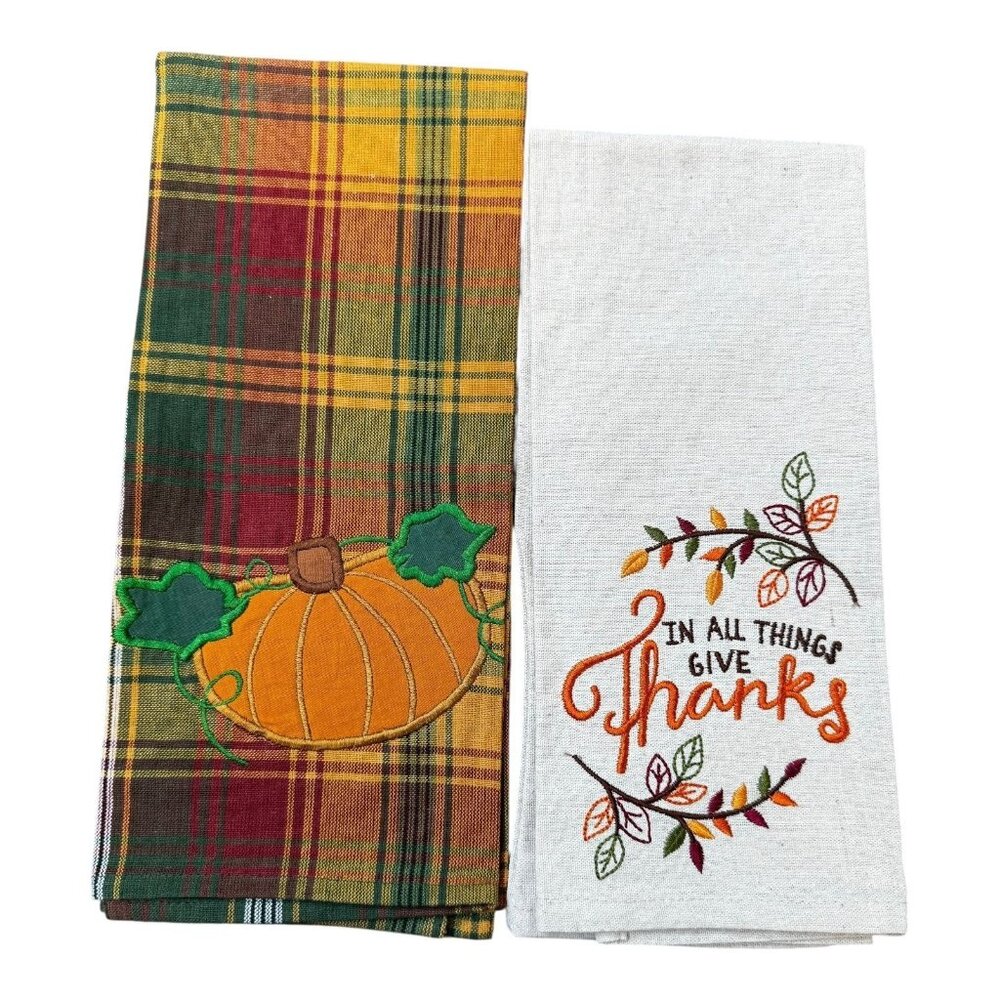 Thanksgiving Kitchen Towels Set Of 2 Plaid & Embroidered Cotton/Poly Blend Fall